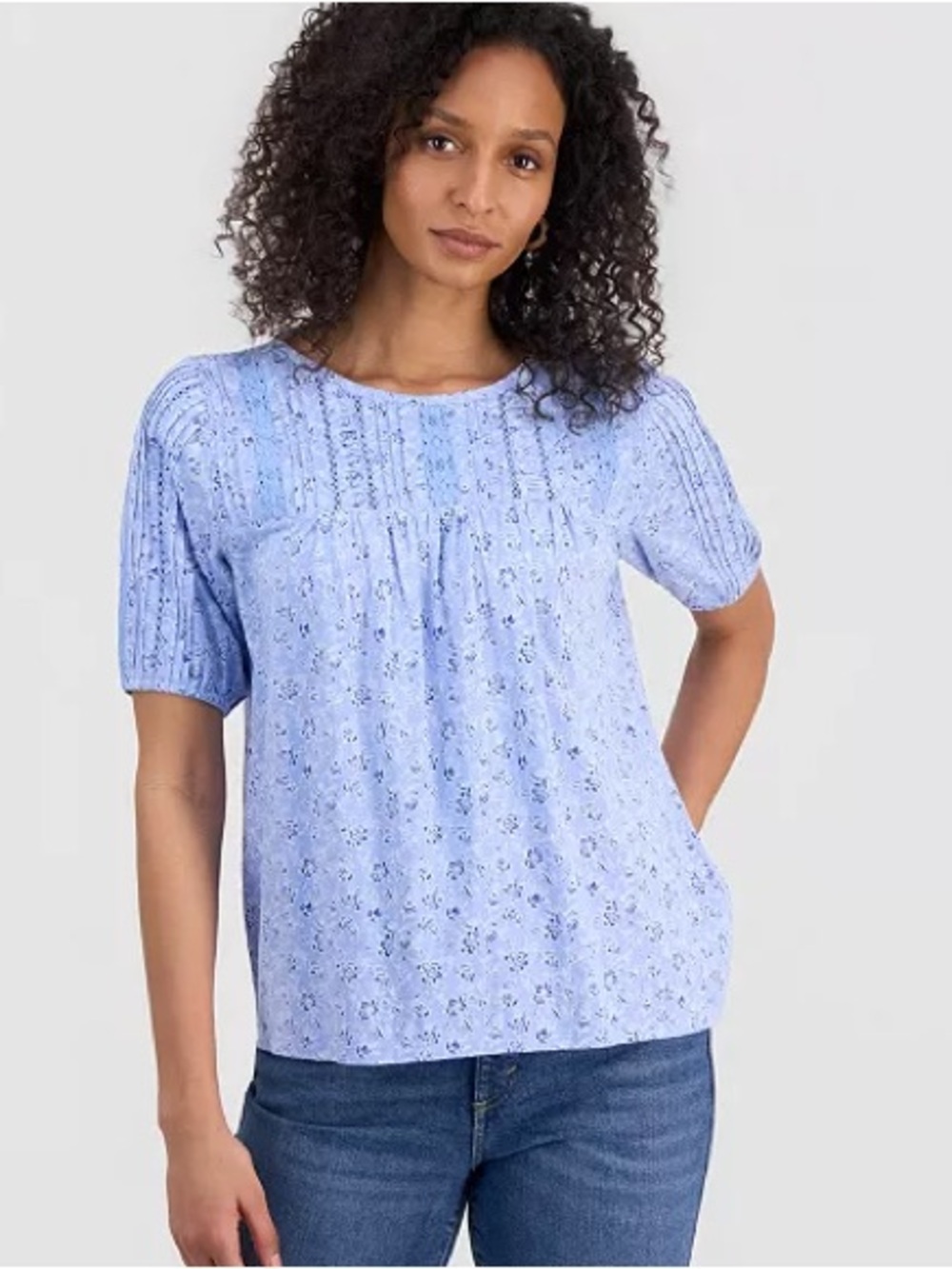 Style & Co Blue Floral Printed Lace-Trimmed Knit Top Size Large